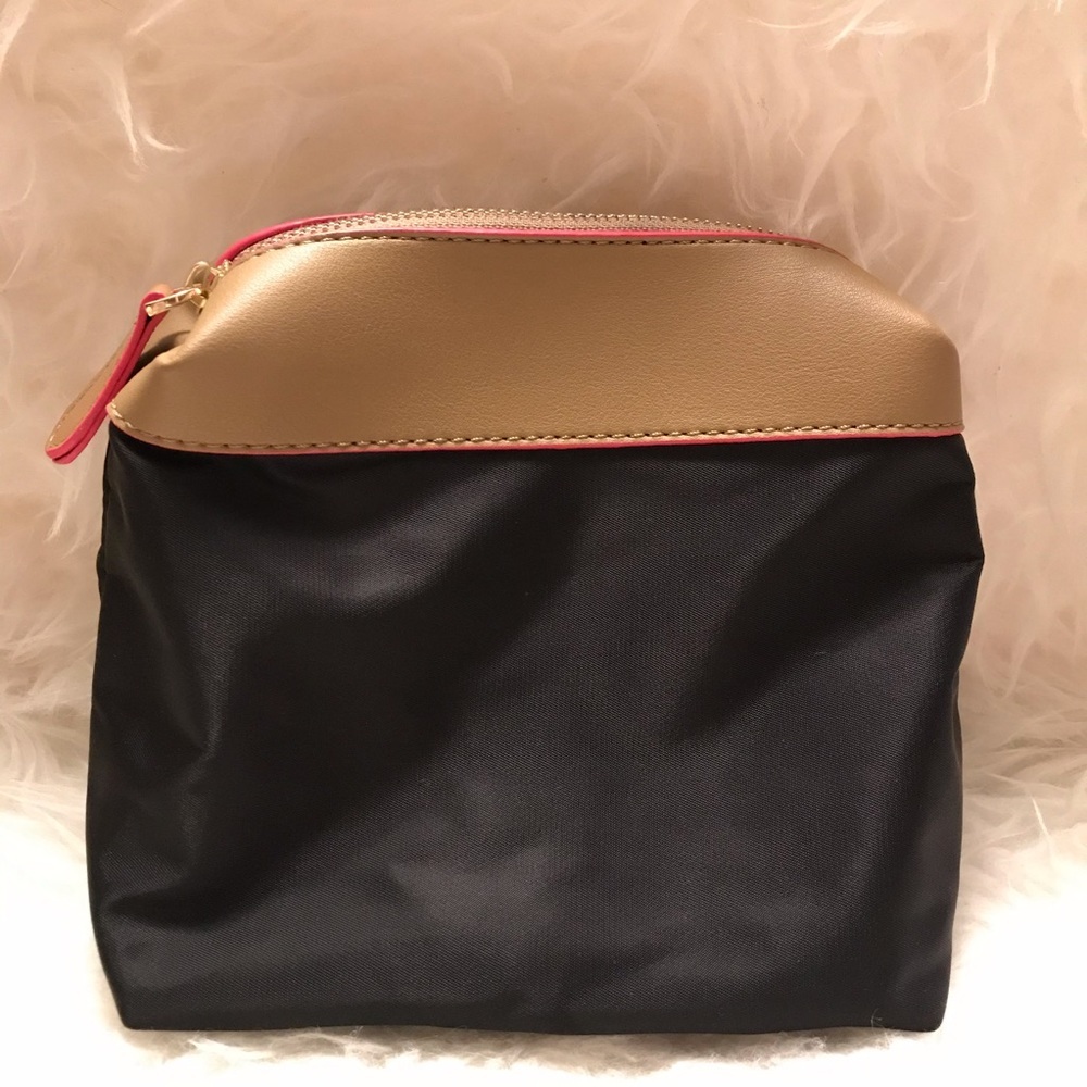 Faiccia Makeup Bag Black Tan Pink Trim Cosmetic Pouch Travel Case